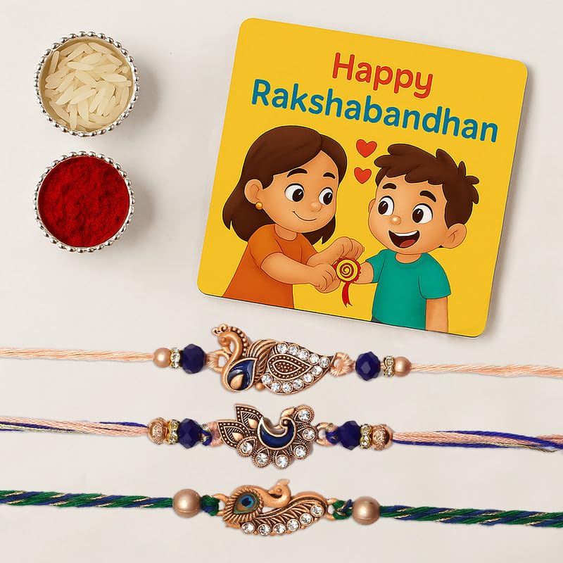 The Purple Tree Peacock Rakhis with Fridge Magnet Gift Combo for Brother (Pack of 3 Rakhis, Magnet and Roli chwal) Best Rakhi Gift for Brother The Purple Tree Peacock Rakhis with Fridge Magnet Gift Combo for Brother (Pack of 3 Rakhis, Magnet and Roli chwal) Best Rakhi Gift for Brother