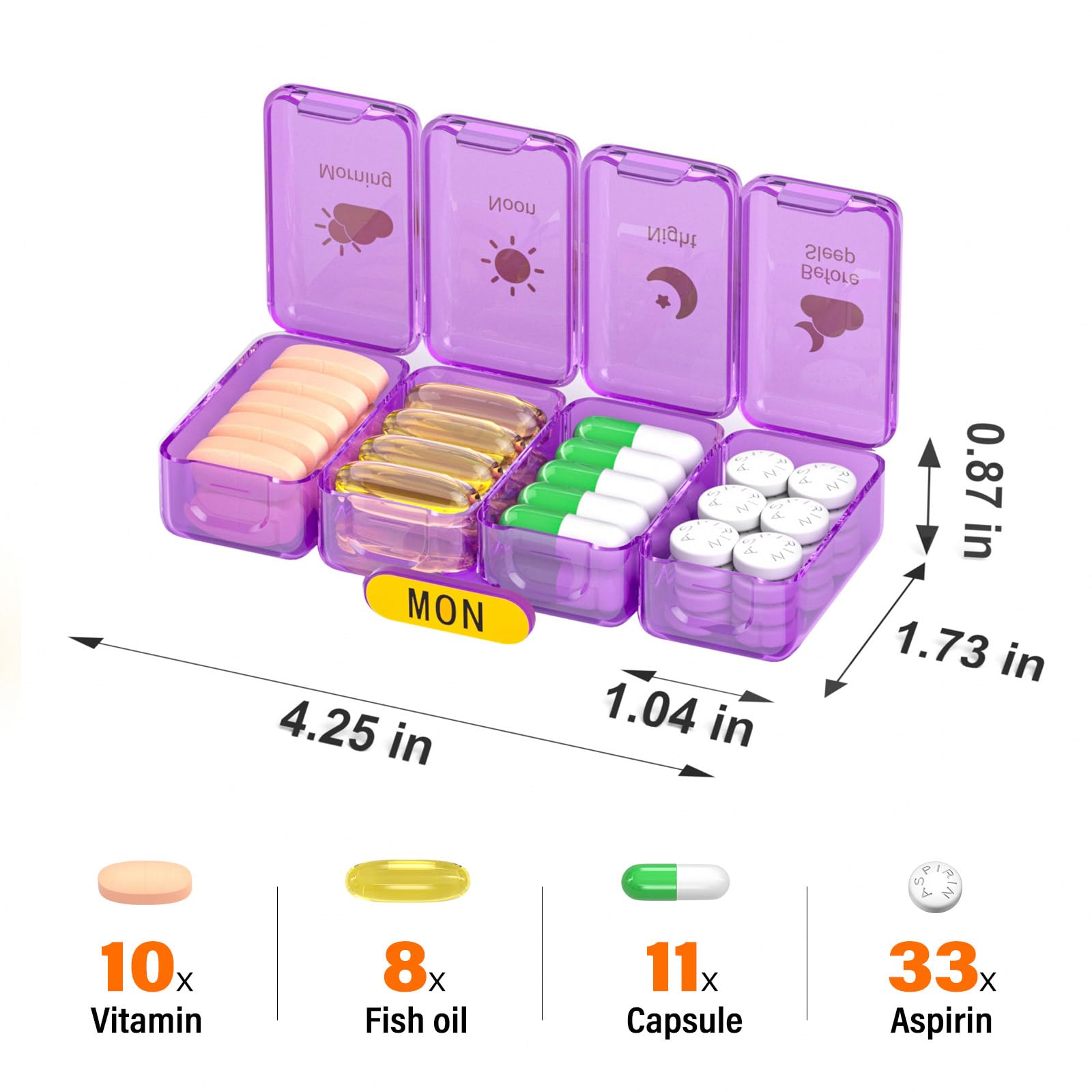 Tygodniowy organizer na tabletki 4 razy dziennie, duże przegródki, pudełko na tabletki 4 x 7 dni, organizer na leki, na tabletki, witaminy, oleje rybne, leki, suplementy (żółty + tęczowy)