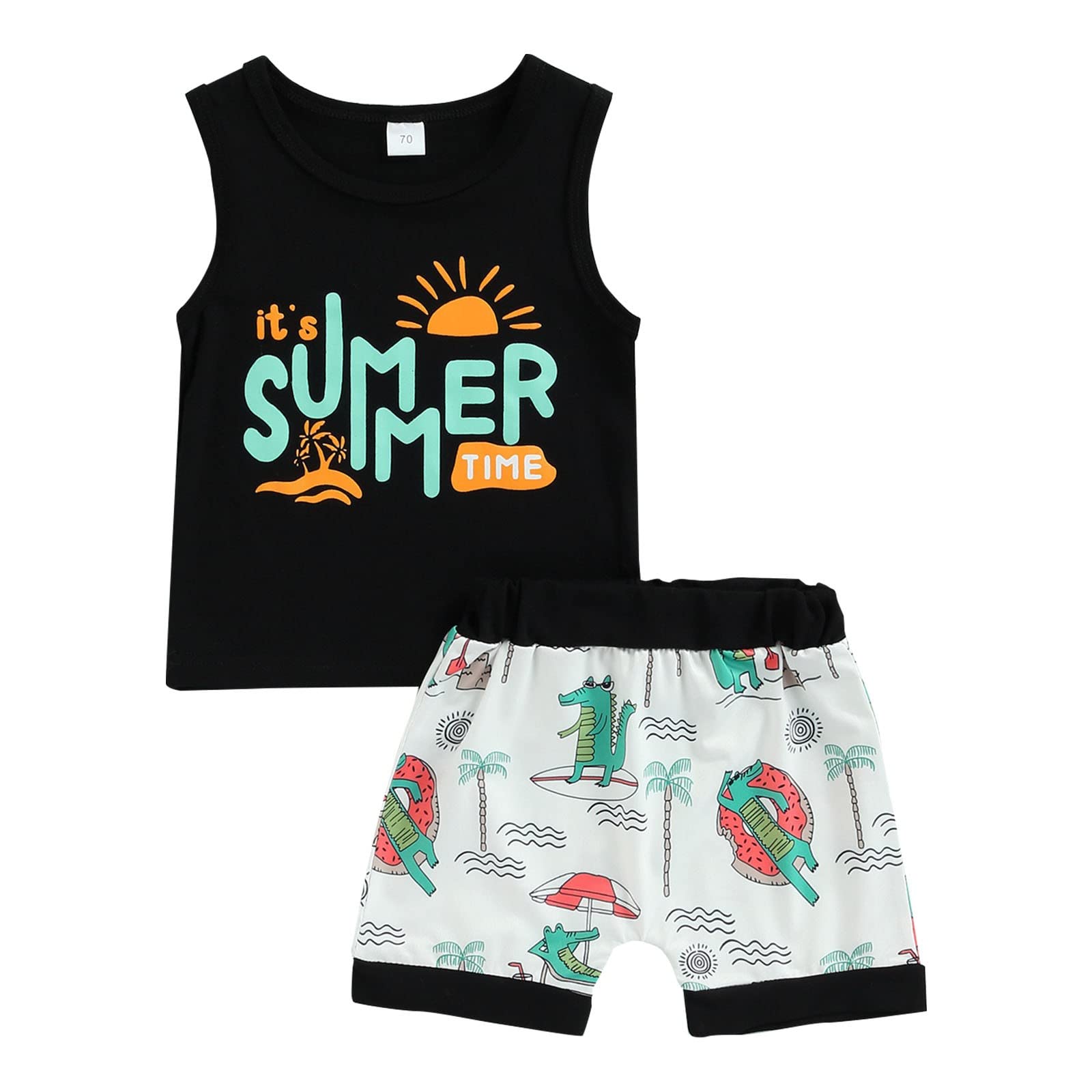 Baby Clothes Boy Gift Set Seaside Resort Style Boys' Sleeveless Letter Undershirt Coconut Tree (Black, 18-24 Months)