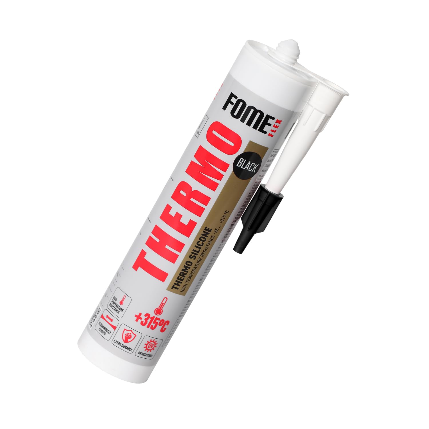 FOME FLEX THERMO 315°C Hochtemperatur Silikon Dichtmasse, 300 ml – Schwarz – Flexibles, Chemikalien-, UV- und Hitzebeständiges Silikon – Für Motor, Öfen, Lüftungssysteme, Heizungen