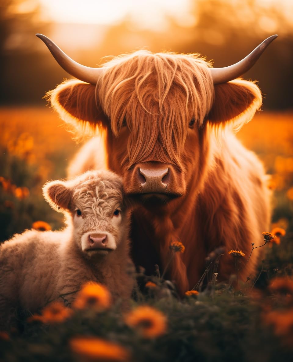 Highland Cow and Cald on Lawn 5D Diamond Art Painting for Adults Full Drill Round Diamond Paint by Number Kits for Beginners Gems Cross Stitch for Wall Decor 11.8x15.8inch(3)