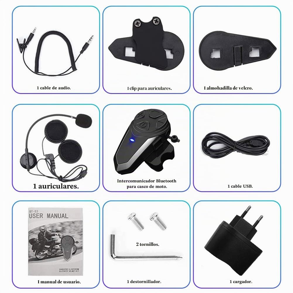 BT-S3 1000m Interfaz de Motocicleta Casco Auriculares Sistemas de comunicación en Tiempo Real Manos Libres Radio FM Intercomunicador Bluetooth Impermeable para 2 o 3 pasajeros(1 Pieza)