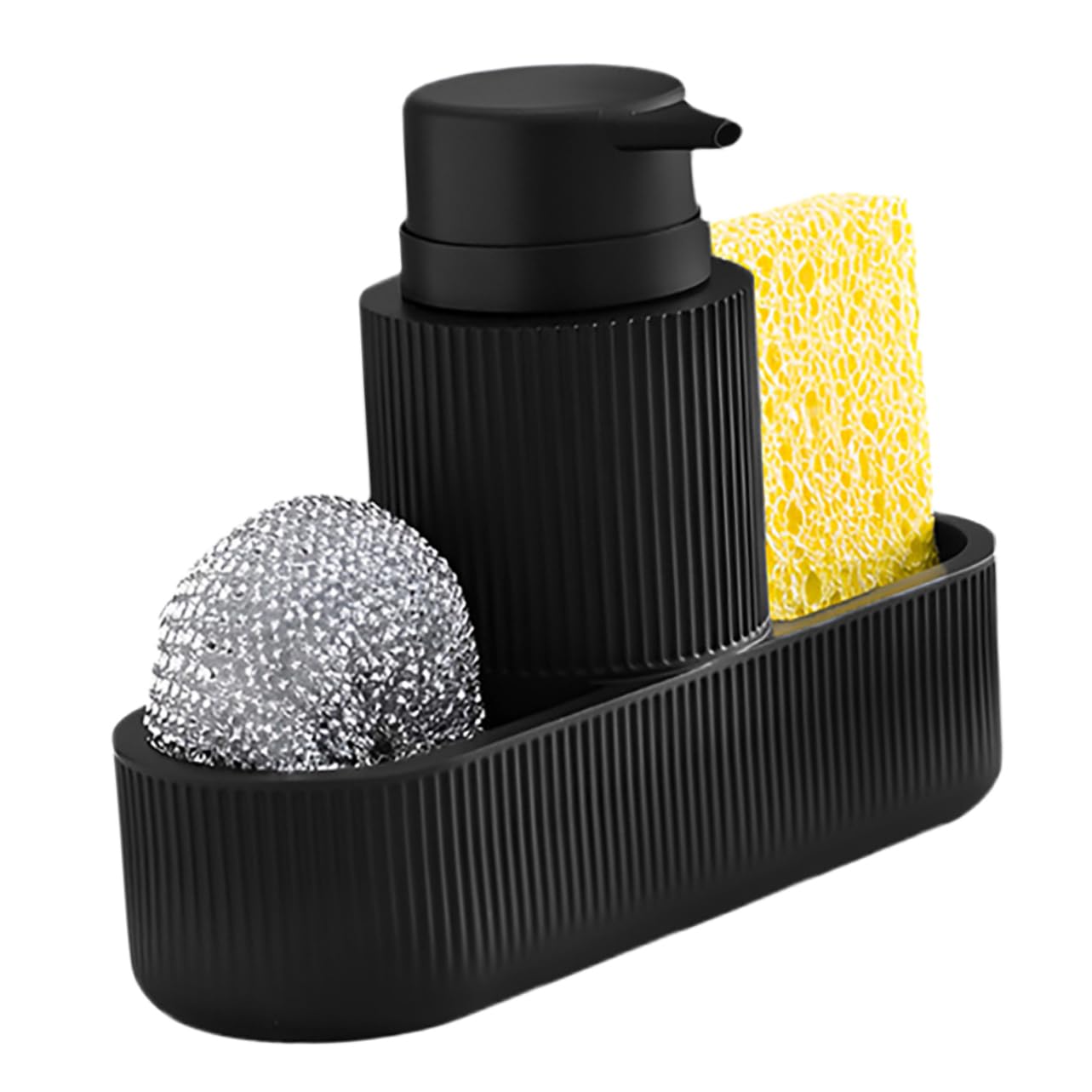 Dispenser per Detersivo Piatti Nero Pompa e Porta Spugna in Resina e Plastico, Design Elegante e Multifunzionale per Lavello Cucina