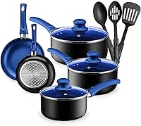 ChefsStar 11-Piece Nonstick Aluminum Pots & Pans Set with Lids & Utensils - Induction Ready, EvenHeat, Blue