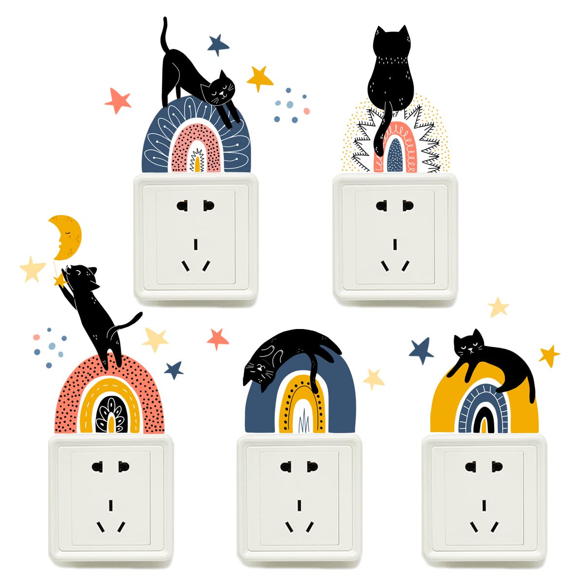 Winhappyhome5 Stickers/Set Rainbow Black Cat Cartoon Wall Stickers Switch Stickers Living Room Bedroom Decorative Wall Sticker Self-Adhesive Decals