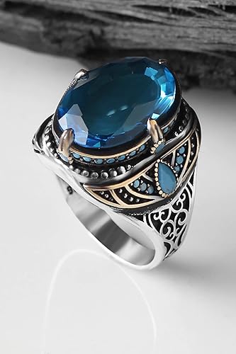 Miniatura 3 de 925 Sterling Silver Blue Topaz Gemstone Men's Silver Ring, Handmade Engraved Man Silver Ring gifts for men handmade rings valentines day gifts for