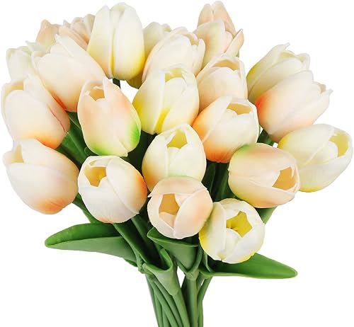 IPOPU Tulipanes 24 flores artificiales de champán múltiples artificiales para decoración tulipanes falsos de tacto real arreglos florales para mesa