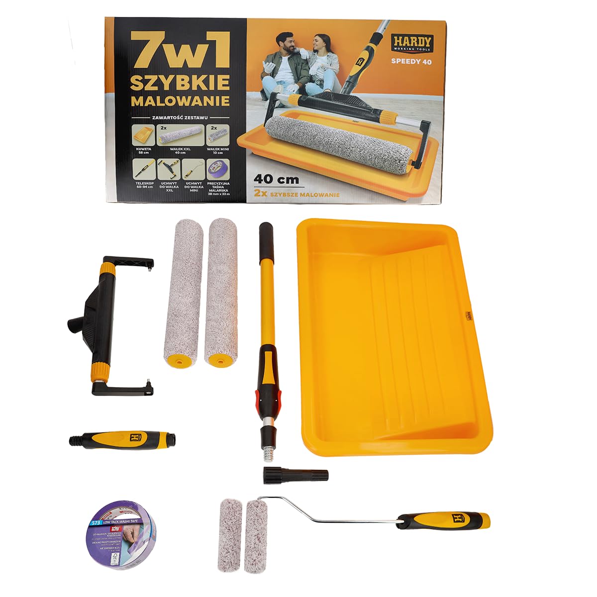 Hardy Working Tools 7 Tlg Malerset Speedy 40, 2x Farbwalze Groß 40 cm, 2x Farbroller Klein 10 cm, 1x Farbwanne 58 cm, 1x Teleskopstange-Maler 60 cm – 94 cm, 1x Malerkrepp 38 mm x 30 m