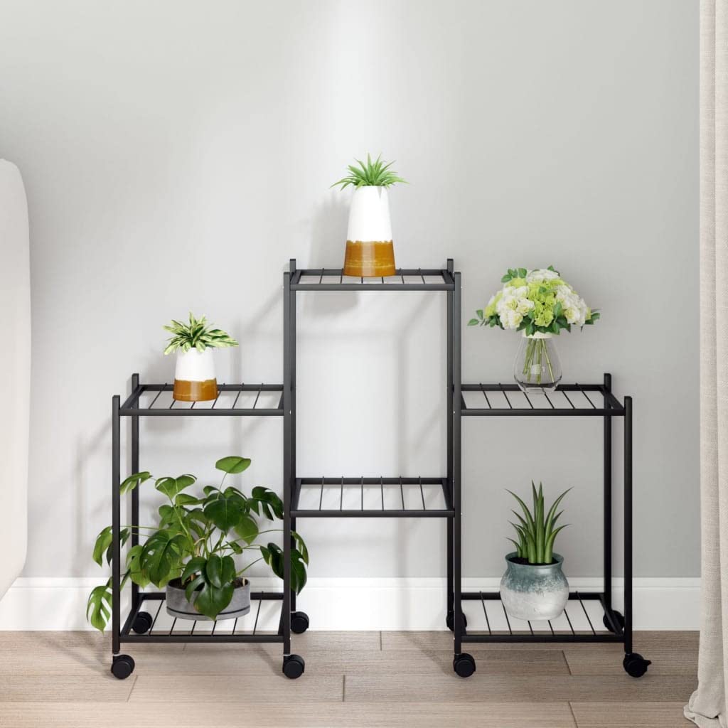 Jardinera de hierro con ruedas (83 x 25 x 63,5 cm), color negro | Estante de almacenamiento para plantas, marco robusto, fácil de mover, soporte de exhibición versátil