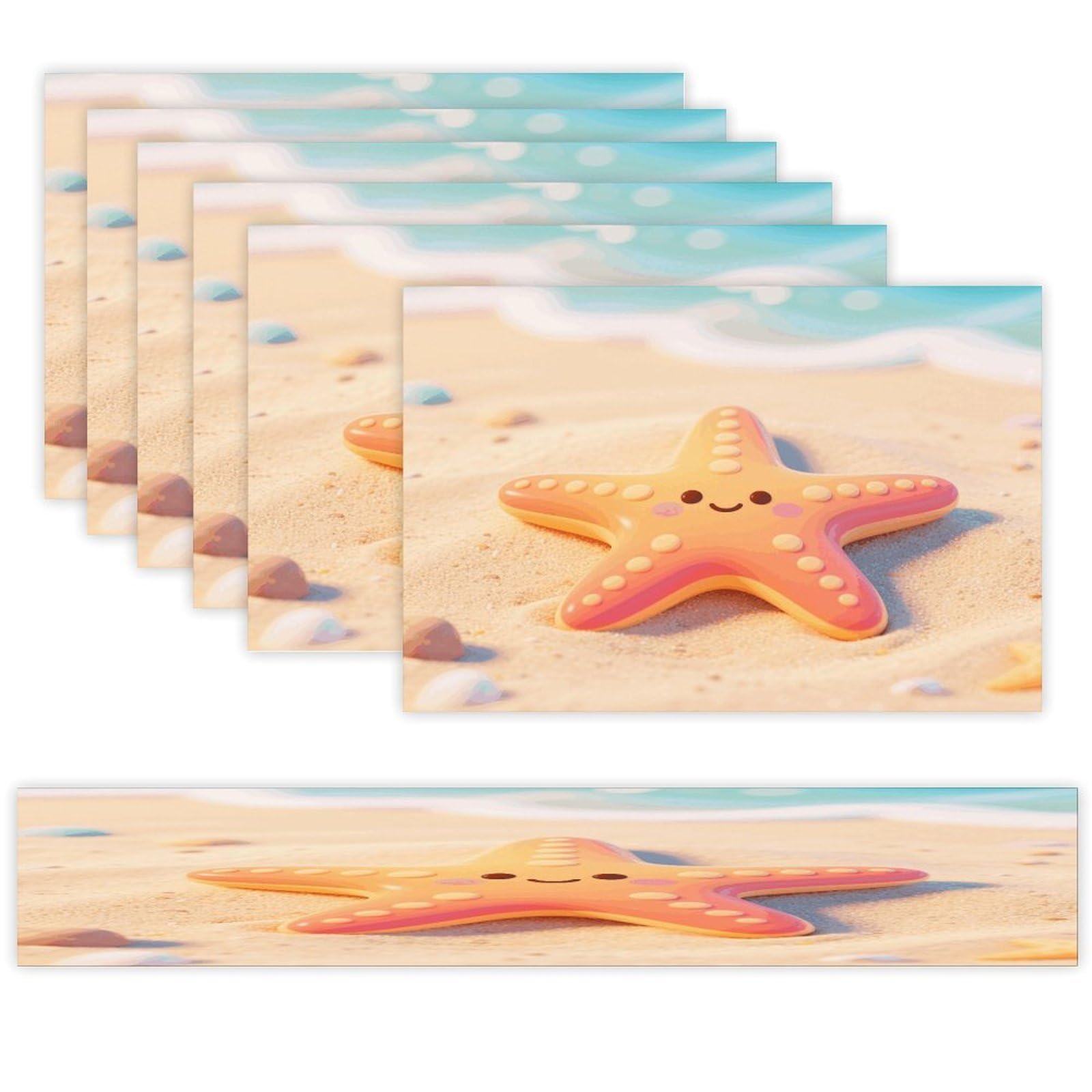Starfish Table Runner and Placemats Set of 7 Linen Table Mat Non-Slip Place Mats Washable Placemat Heat Resistant Place Mat with Table Runner for Party Dining Decor