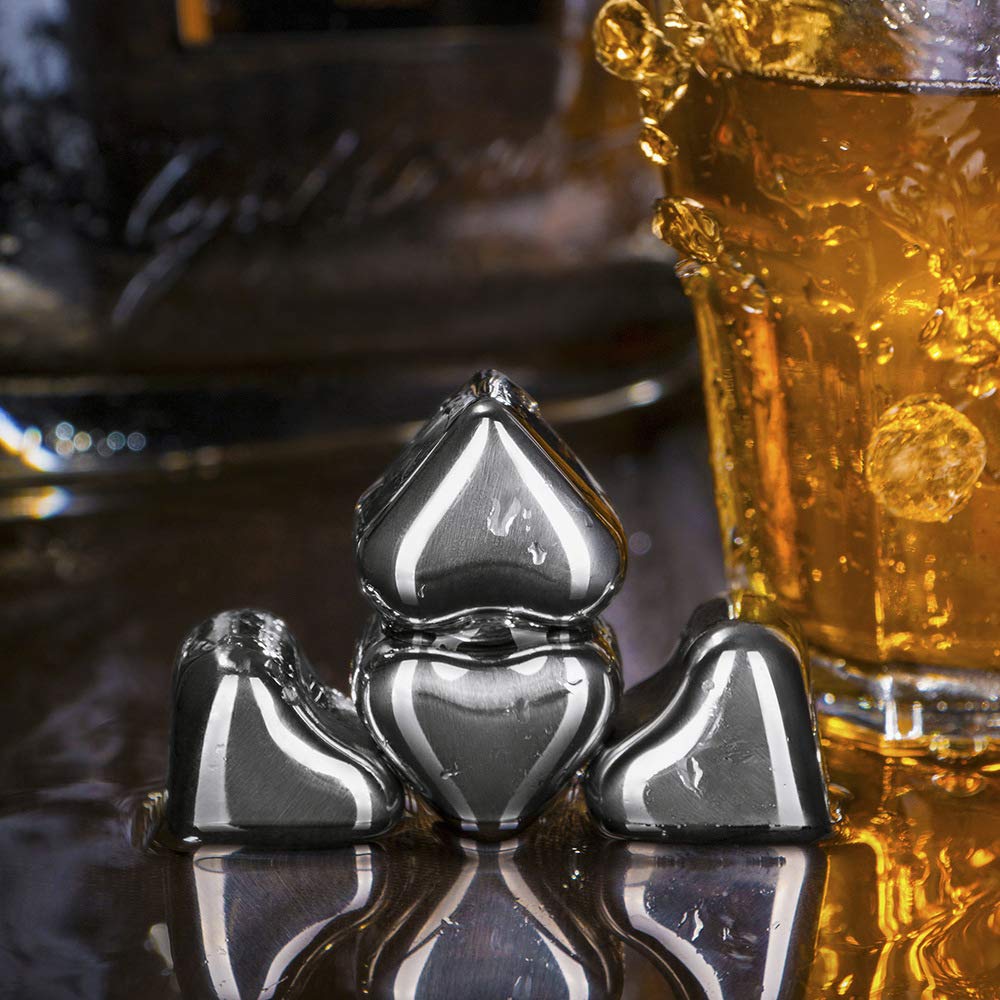 Whiskey Stones Heart Shaped Ice Cubes Reusable with Ice Tong Whisky Gift Set Rapid Cooling Device 1.18in (8 PCS)