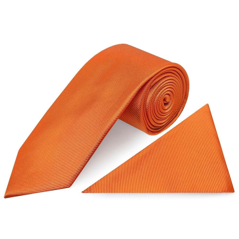 TIES R US Mens Classic 100% Silk Twill Wedding Classic Tie and Pocket Square Set (Orange)