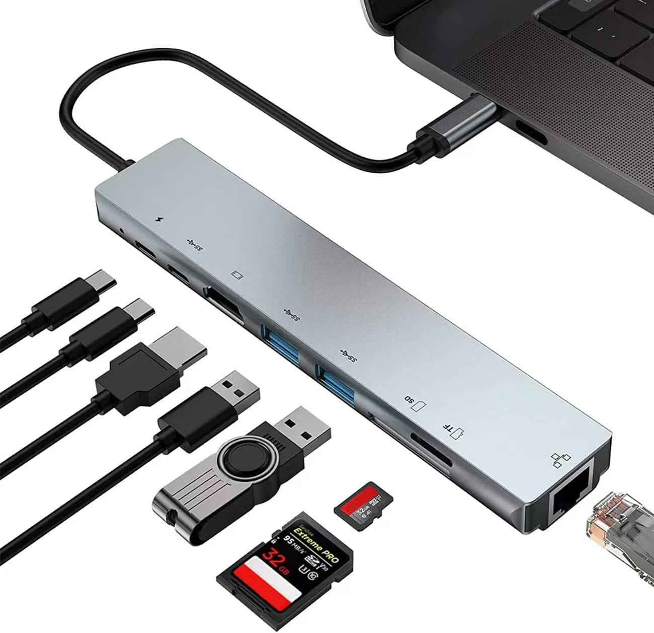 usb c hub multiport adapter with ethernet, laptop docking station 8 in 1 hub with 4k hdmi rj45 pd 100w sd/tf card slot usb3.0 and otg port suitable for macbook, hp, xps, chromebook, surface, pc, etc