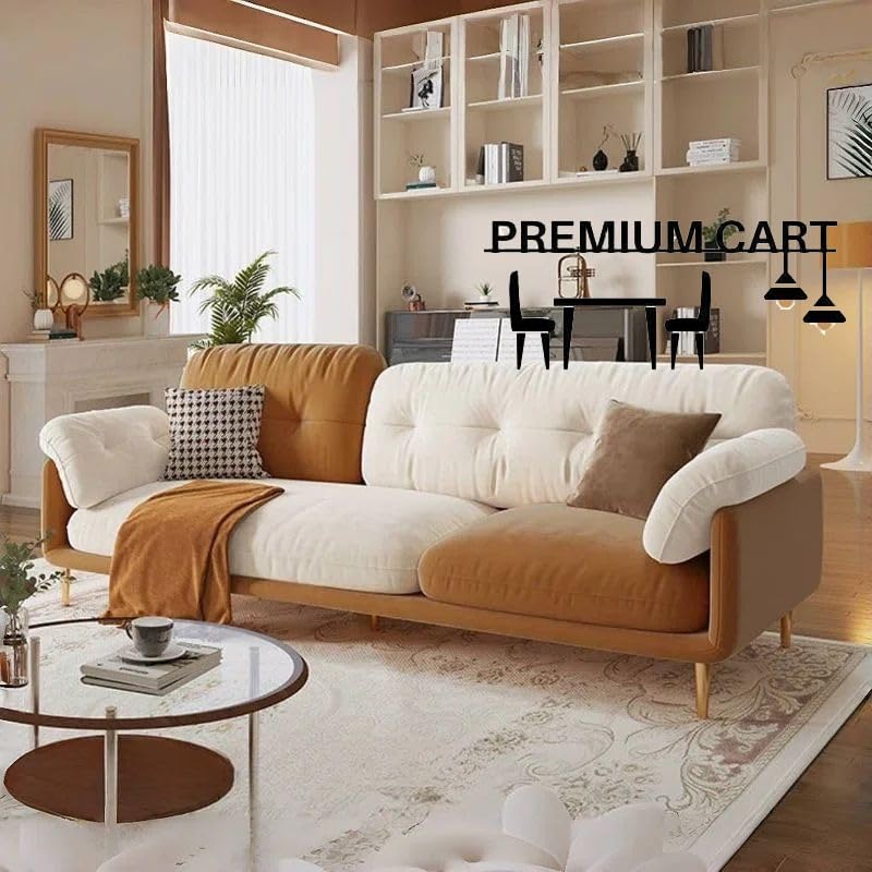 Image of Velvet Contemperory Sofa with Cushion Chaise Lounge Sectional Sofa Perfect for Living Room & Bedroom Guests Home & Office (Leather Brown & Suede Beige, Three Seater)
