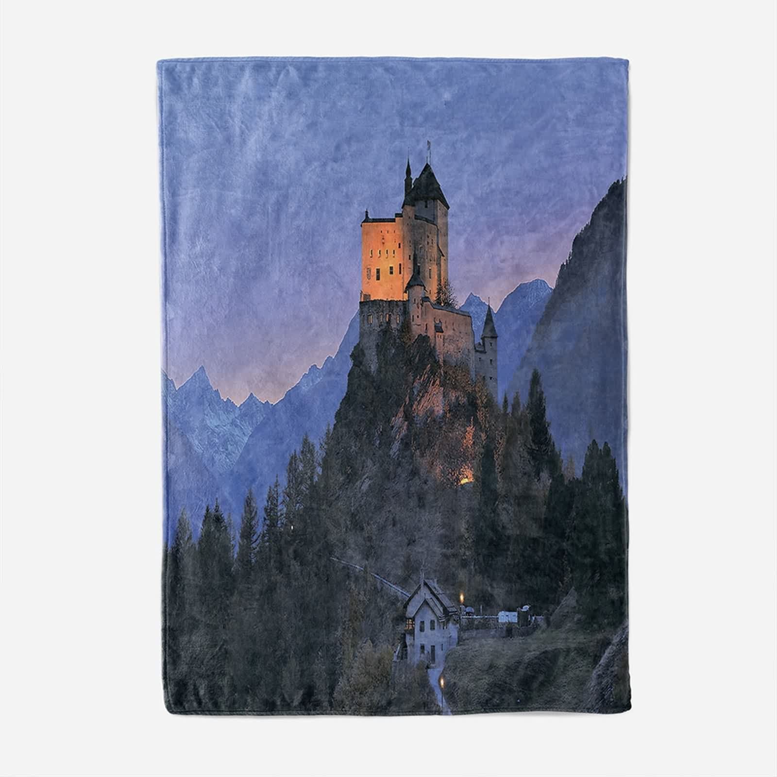 Coperta Invernale Flanella,Coperta Invernale da Divano Motivo di Montagna e Castello Blu Scuro Verde Coperta Invernale 150x200cm