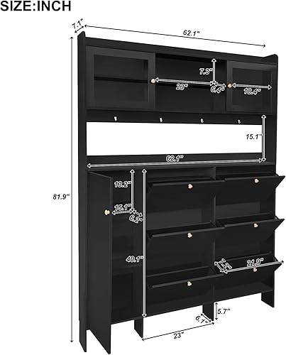 Miniatura 2 de Elegante zapatero con estante de almacenamiento y 6 cajones abatibles, árbol de pasillo grande con puertas de vidrio templado y 4 ganchos, para