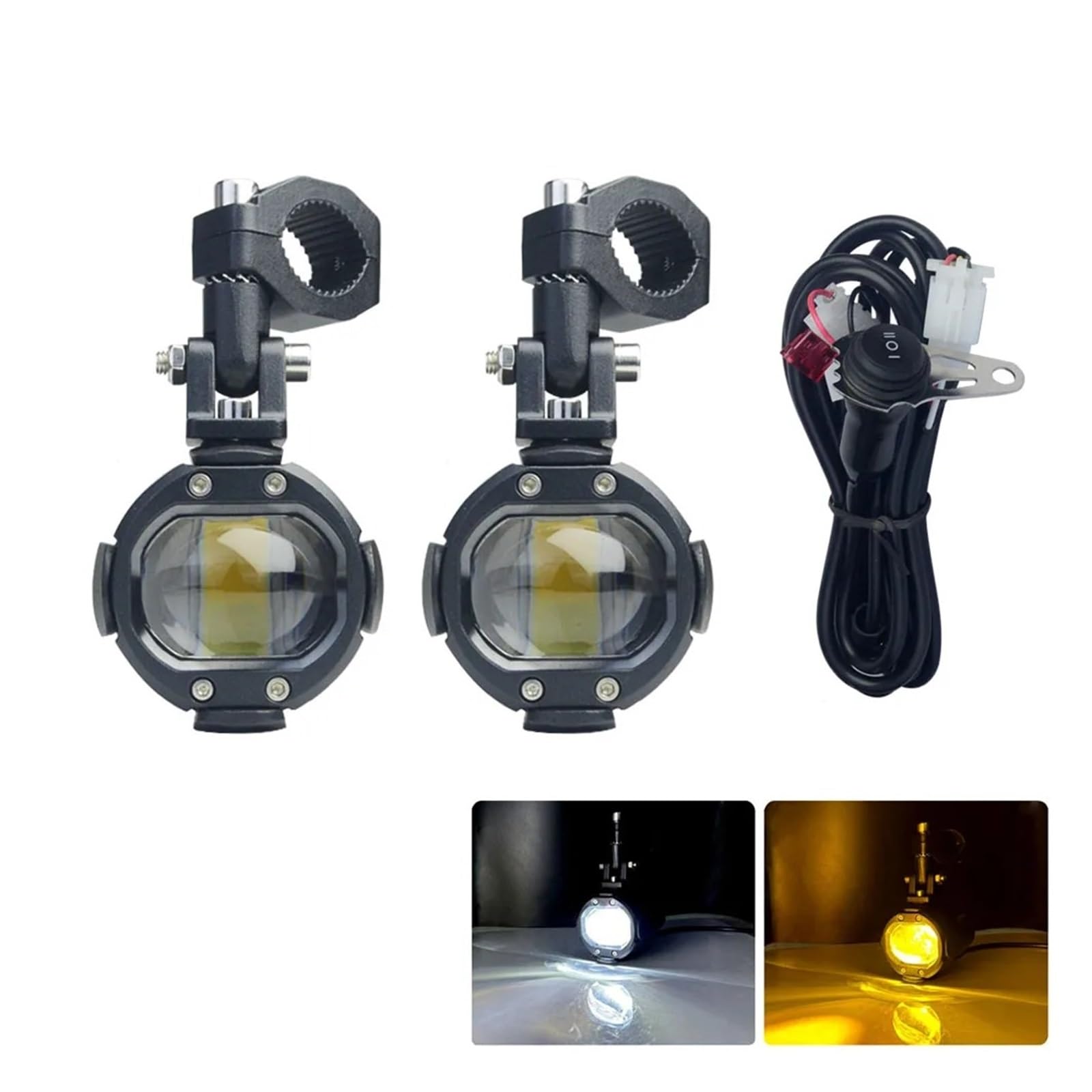 Motocicleta Delantera Faro Lámpara Conducción Motocicleta 100W Luz LED Auxiliar Motocicleta, Focos Conducción, Luces Antiniebla Led Blancas/ámbar Soportes Montaje Faro Delantero(Light and wire)