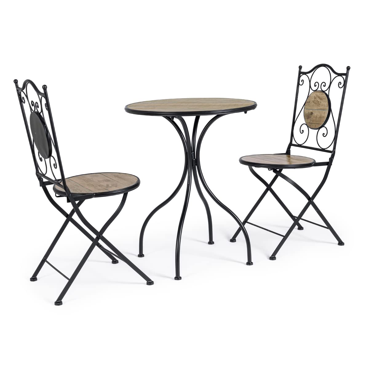 Yellowshop Set Bistrot da Esterno, Veranda, Balcone, Giardino 3 Pezzi Kansas, Tavolo con 2 Sedie Pieghevoli in Metallo Nero con Ceramica Effetto Legno Naturale