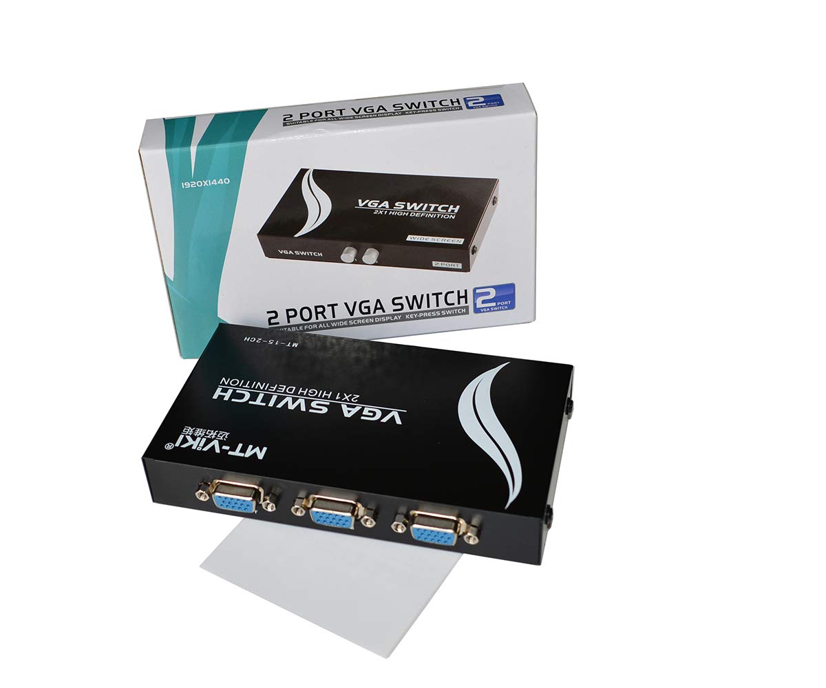 MT-VIKI Przełącznik VGA 2 w 1 wyjście VGA Audio Video Switcher Box, z ręcznym przyciskiem przełącznika Full HD 1080P do laptopa, telewizora, projektora, wyświetlacza HDTV