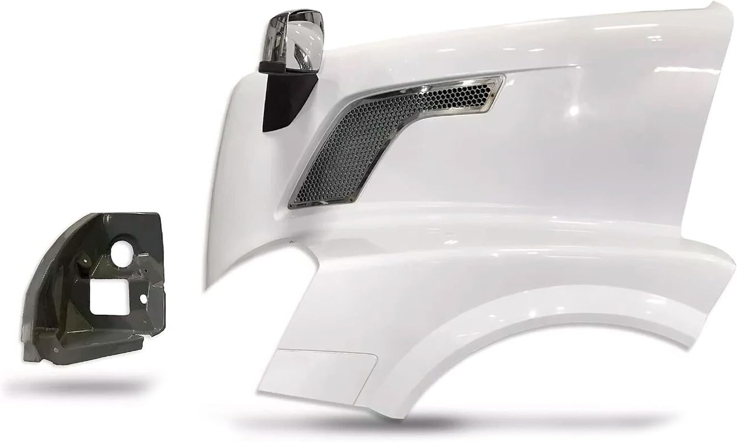 KOZAK Fiberglass Hood Fender with Air Intake, Corner Frame Headlight and Chrome Hood Mirror Left Driver Side Compatible with Volvo VNL 2004-2017 Plus Logo, Wipers, License Plate Frame and Vest