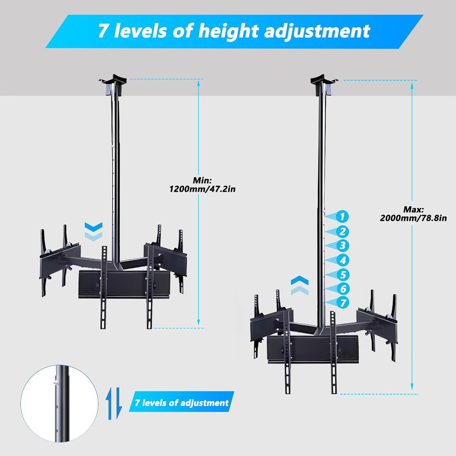 Commercial Grade 3 TV Ceiling Mount, Adjustable Height Telescoping Tilt and Swivel Triple Sided Ceiling TV Mount, Hanging 3 Screen Pole Mount for 32”-65" Displays, VESA 600x400mm (3 Screens)