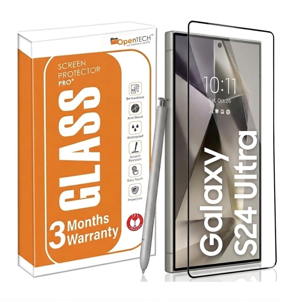 opentech® military-grade tempered glass screen protector compatible for samsung galaxy s24 ultra with edge to edge coverage and easy installation kit