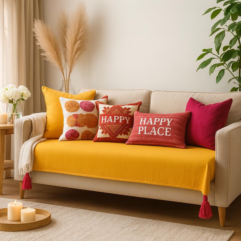 Image of Light Yellow U-Shape Fully Covered Sofa Cover Set for 11 Seater | 4+3+4 Sofa with Tassels | Anti-Slip Seat & Back Cover Set of 6 | Multicolour Boho Corner Tassels Sofa Throw | Festive Sofa Cover
