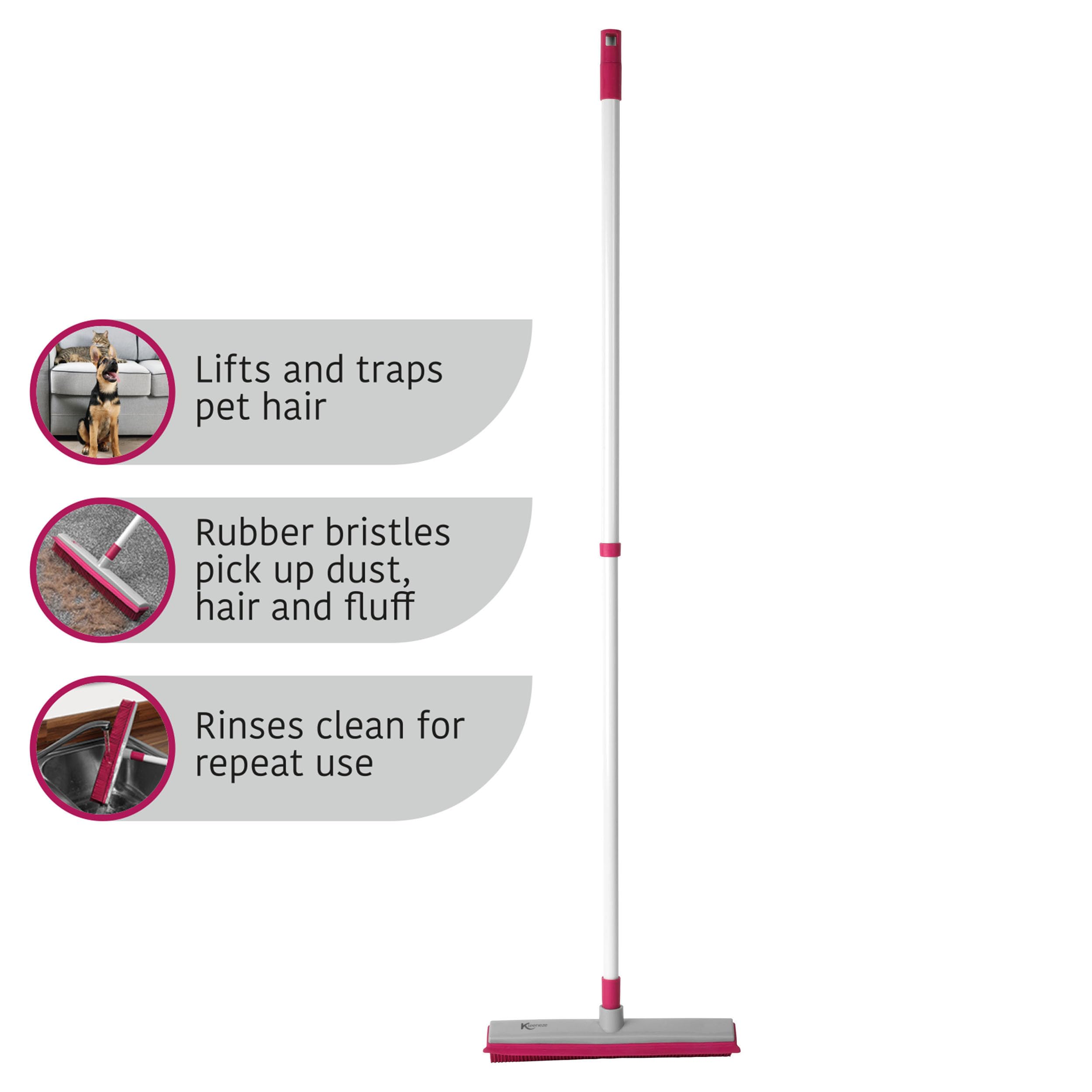 Kleeneze KL065315EU Electrostatic Rubber Head Floor Broom with Squeegee Edge, Sweeping Brush For Pet Hair, Fine Dust, Dirt and Spillages, Pink/Grey