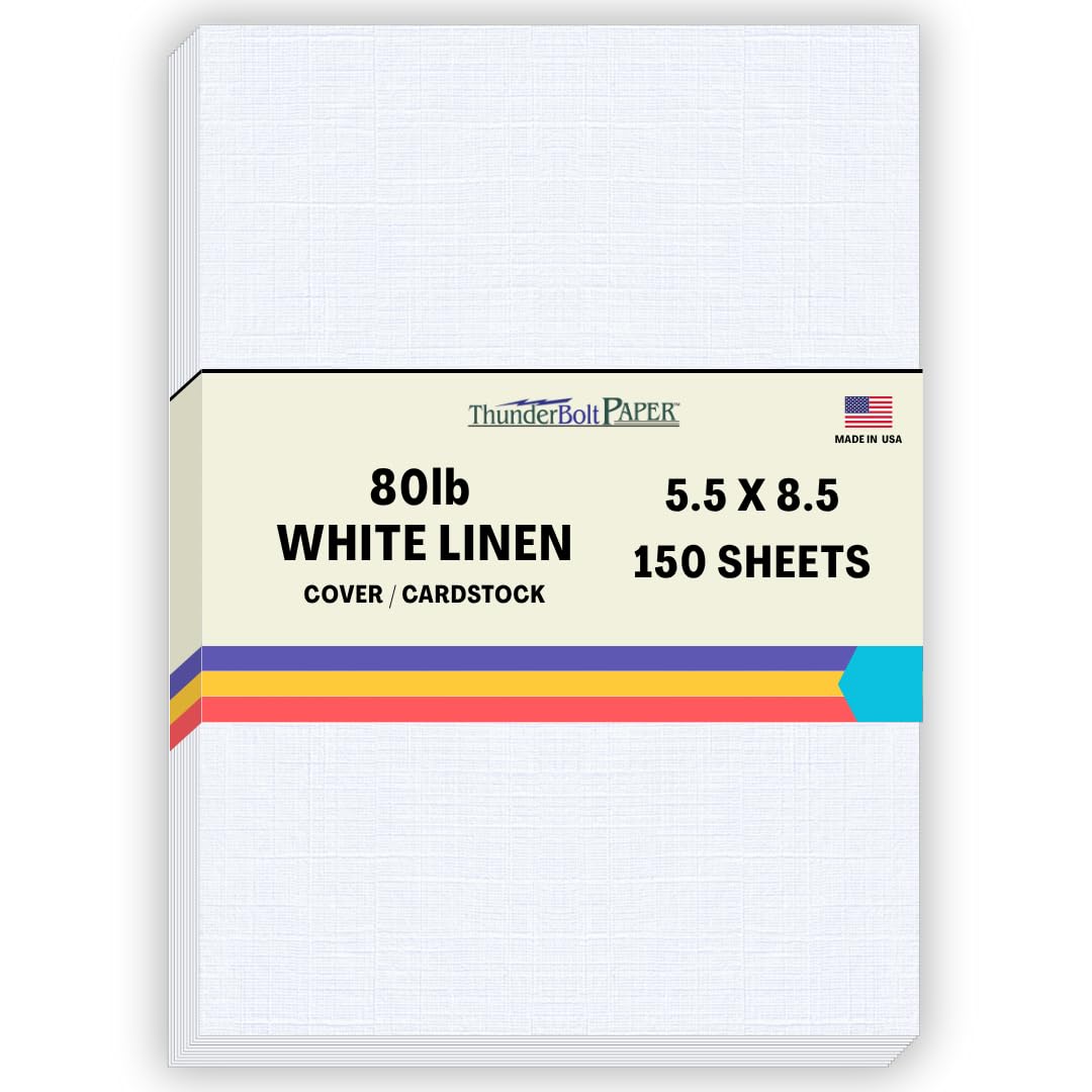 150 Sheets Bright White Fine Linen 80lb Cover Stock Paper 5.5 X 8.5 Inches Half Letter Size - 80 lb/pound Card Weight - Fine Linen Textured Finish -