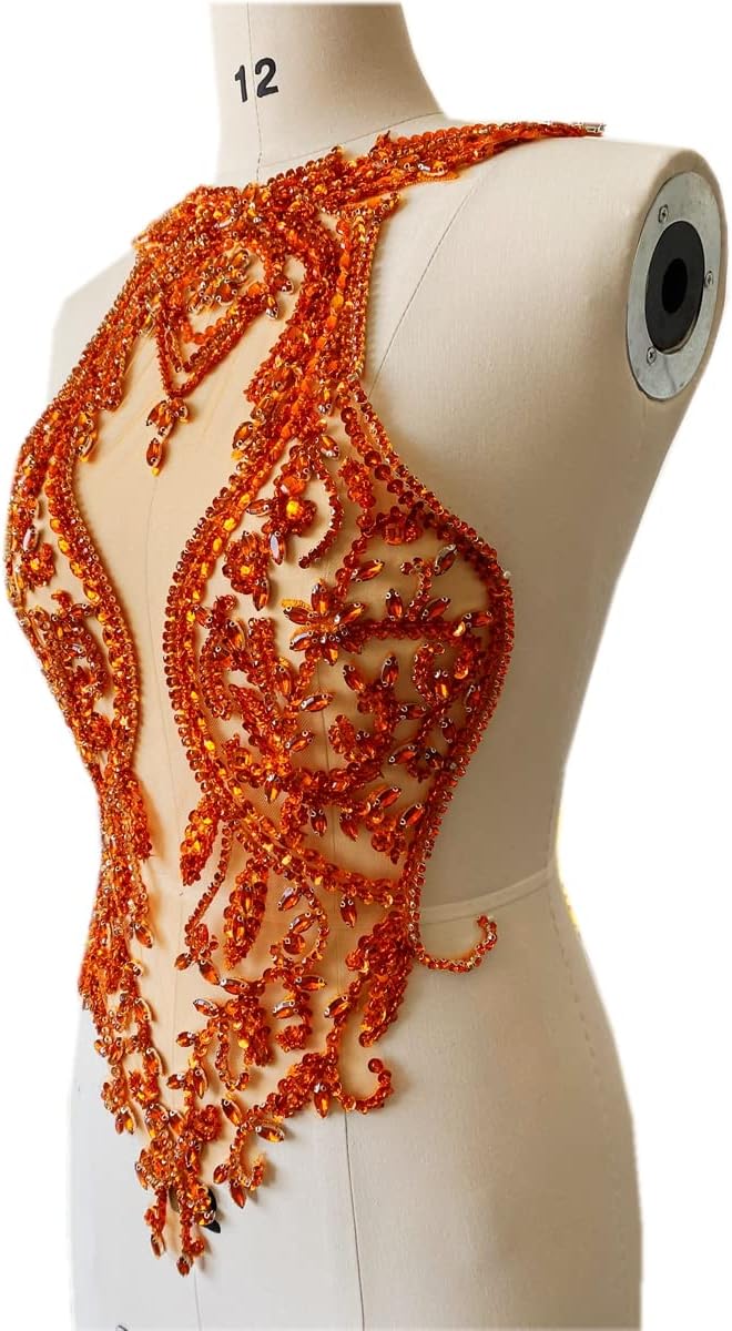ハンドメイド ラインストーン レース アップリケ 手縫い ビーズ トリム パッチ ドレス フロント アクセサリー (オレンジ)