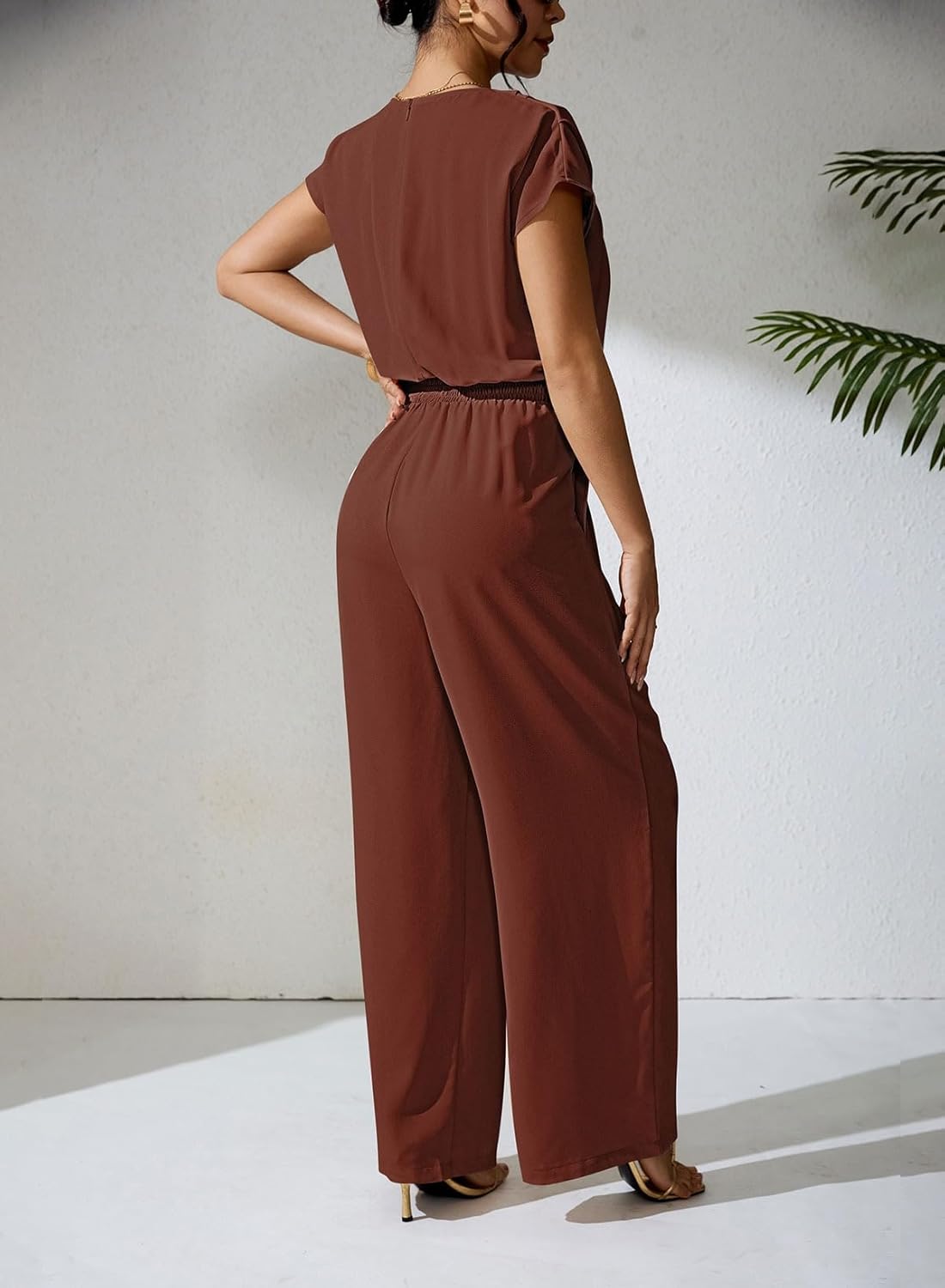 Pink Queen Jumpsuits for Women Dressy V Neck Short Sleeve Wide Leg Rompers Business Casual One Piece Outfits - Image 7