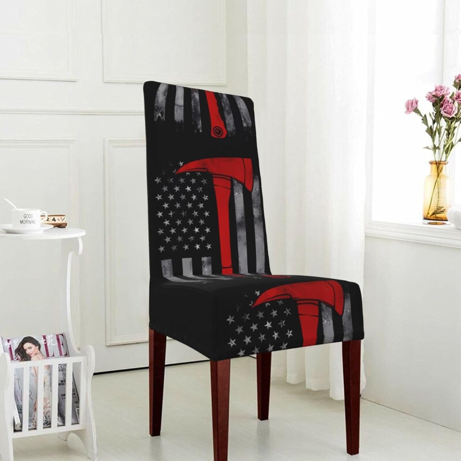 Firefighter Axe Red Line Flag Prints Protection Cover for Dining Chair – Stretchy & Wrinkle-Resistant Chair Throw Covers for Dining Room, Hotel, and Event Decor