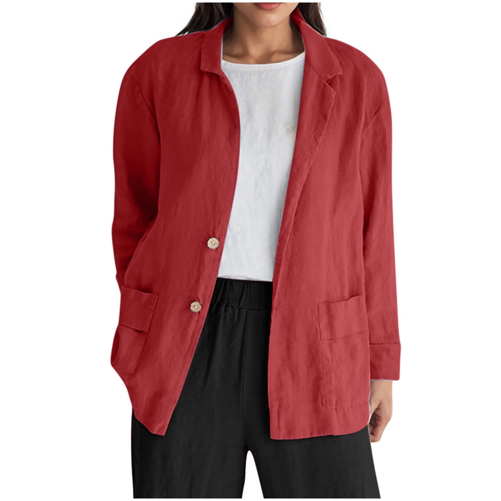Linen Blazer Women Casual Button Blazers Jackets Bussiness Dressy Work Office Suit Jackets Long Sleeve Cardigan Coats