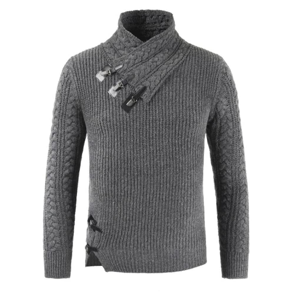 Men Knitwear Fashion Semi High Collar with Leather Buckle Men Long Sleeve Jumper Slim Fit Irregular Hem Men Tricot Sweater Urban Streetstyle Men Basic Pullover