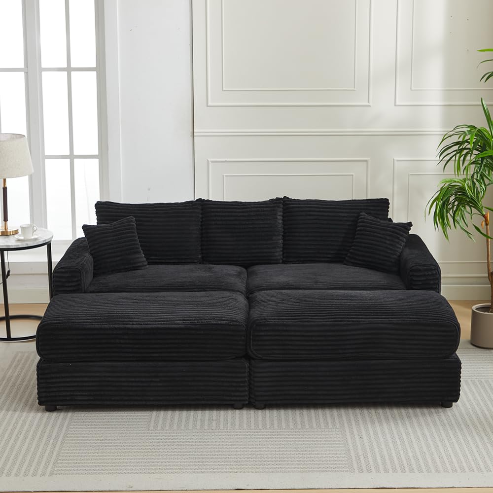 WILLIAMSPACE 82.68" Sectional Sofa Cloud Couch with 2 Ottomans for Living Room, Modern Upholstered 3 Seater Sofa Reading Chair Couch with 2 Pillows, Reclining Sofa Bed, Corduroy (Black)