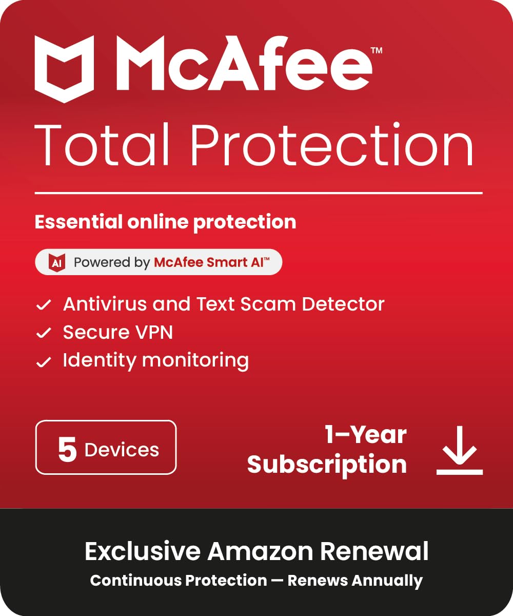 McAfee Total Protection 5-Device 2025 |12-Months|Antivirus, Secure VPN |Includes Security Software, Password Manager, Identity Monitoring | Download |Amazon Subscriptionsl |PC/Mac/iOS/Android