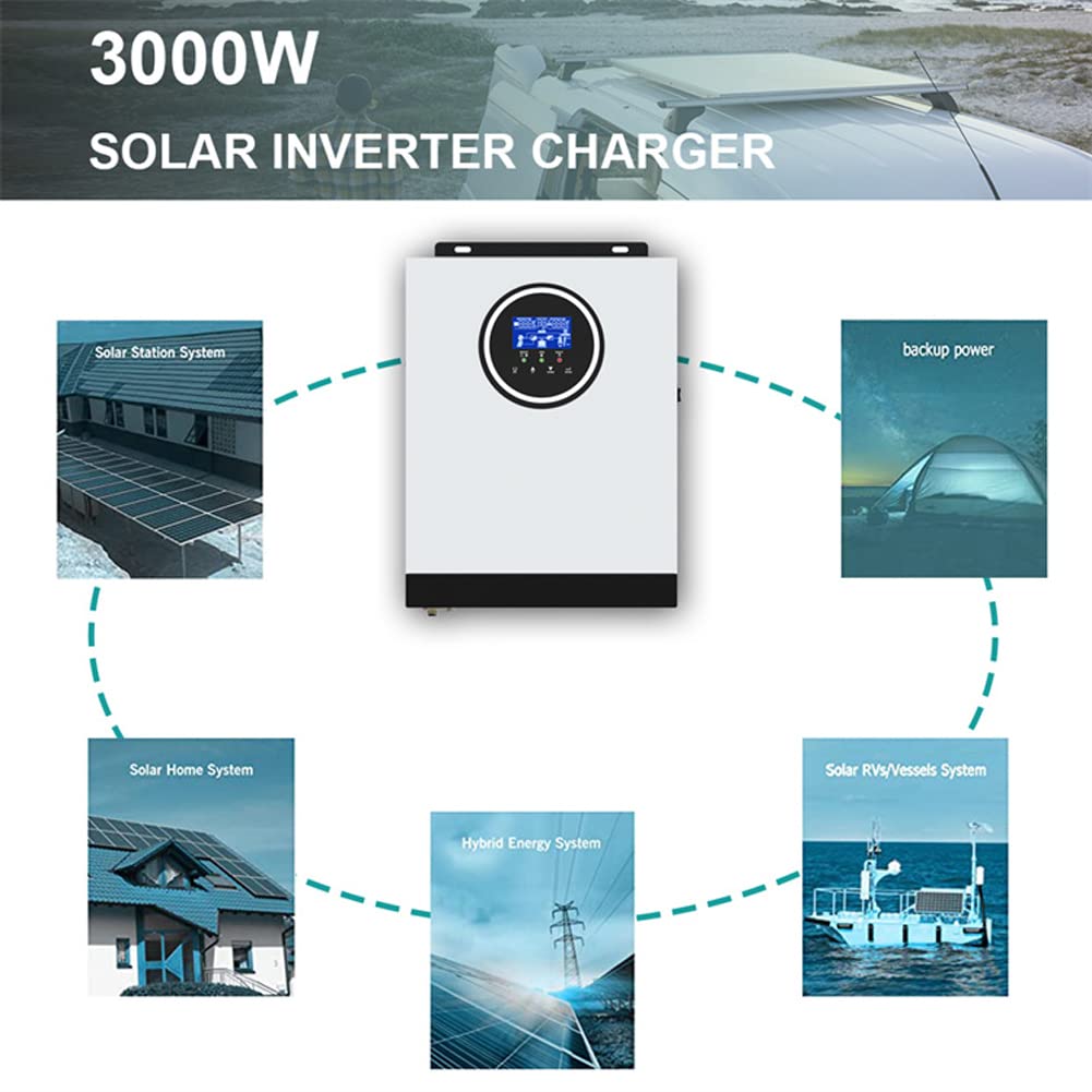 Onduleur Hybride Solaire 3KW, DC24V à AC230V, onduleur à Onde sinusoïdale Pure Hors réseau avec Chargeur Solaire MPPT 80A + Chargeur AC, entrée PV Max 3000W DC130-430V, adapté pour Batterie Plomb-aci