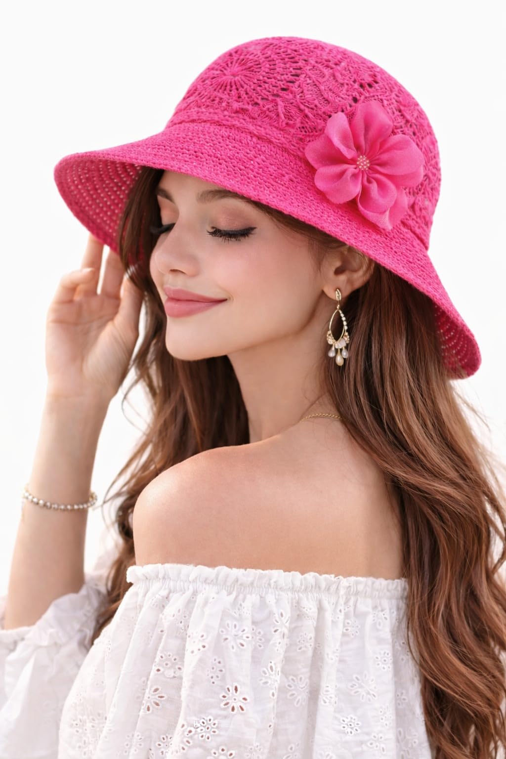 Nephar Girls Wide Brim Sun Hat | Crochet Floral Summer Beach Cap | Lightweight Breathable UV Protection Hat | Vacation Travel Outdoor Wear-picture-21