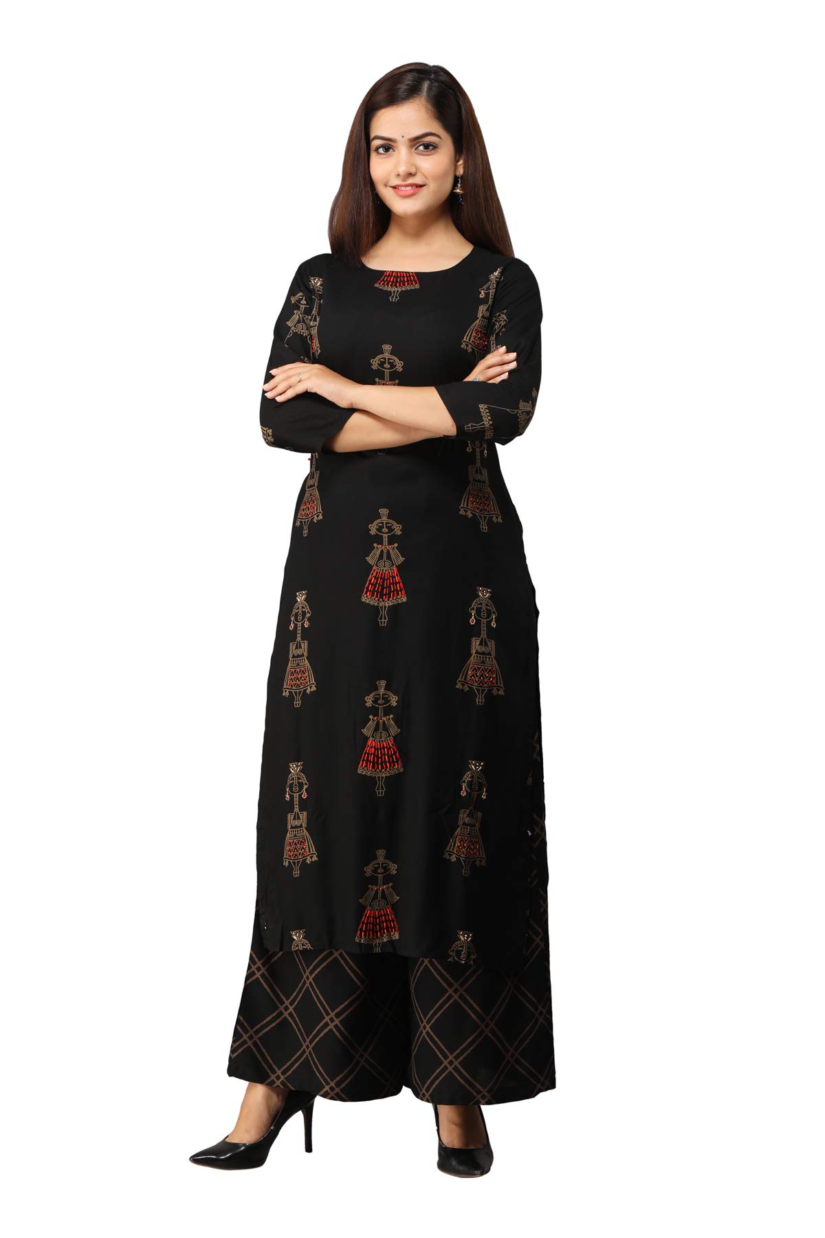 NehamtaWomen's Rayon Printed Straight 3/4 Sleeve Kurta Palazzo Set