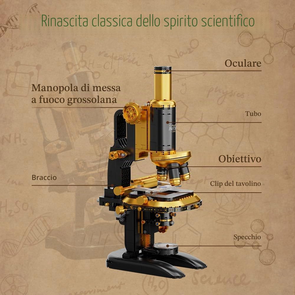 PANTASY - Kit di costruzione per microscopio retrò, per adulti, modello di strumenti scientifici antichi con design meccanico, finitura in ottone e accessori da laboratorio, set di mattoni da