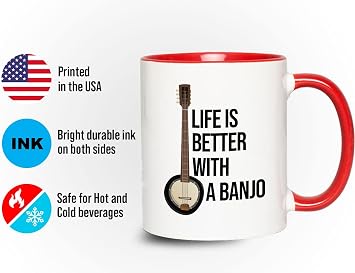 Banjo Teacher 2Tone Red Mug 11oz - Better With - Plectrum String Irish Tenor Parlor Banjolin Ukulele Long Neck Bluegrass Music Guitar Mandolin Resonator Hybrid Banjos Sitar