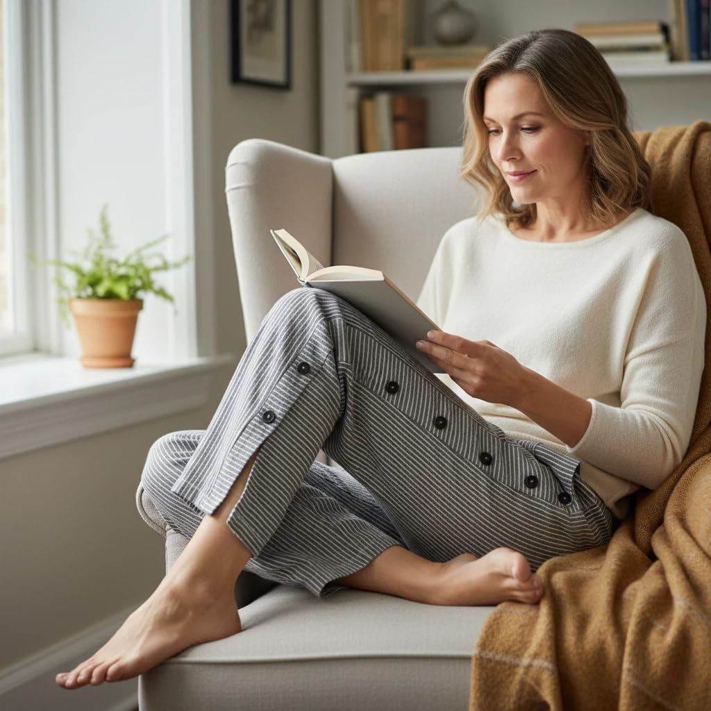 Women's Cotton Linen Striped Pants Straight Leg Side Button High Waisted Summer Casual Trousers - Image 4