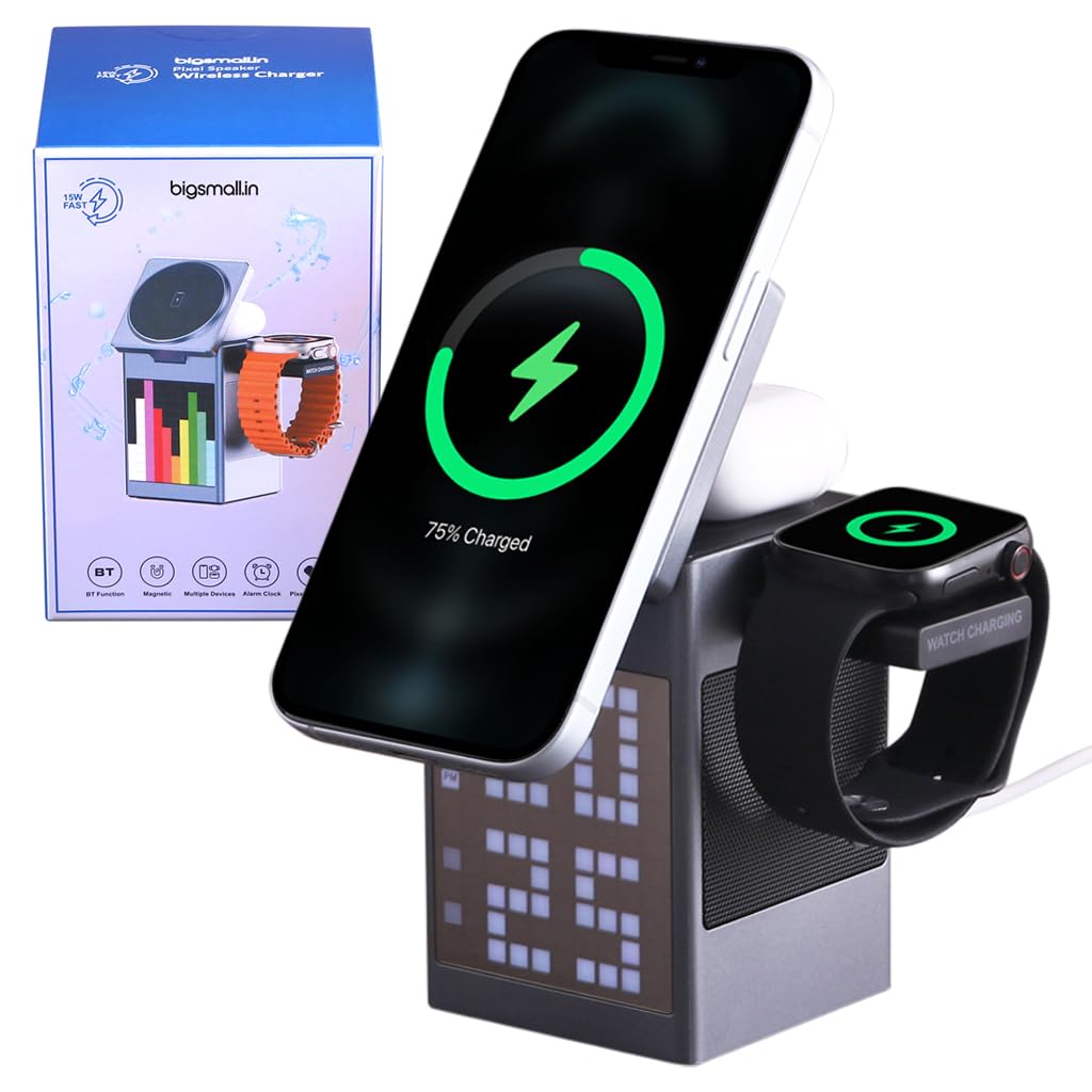 Bigsmall Pixel Dock 5-in-1 Wireless Charger with Bluetooth Speaker, Alarm Clock & Pixel Display | Qi-Enabled | Works with iPhones, Android, Apple Watch & AirPods | Ideal for Home, Office & Travel