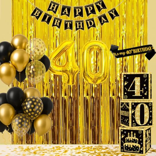 40th Birthday Decorations for Men Women, 50pcs Black and Gold Party Decorations with 40 Year Old Balloons Boxes, Happy Birthday Black Gold Banner and Sash, Fringe Curtains Party Decor