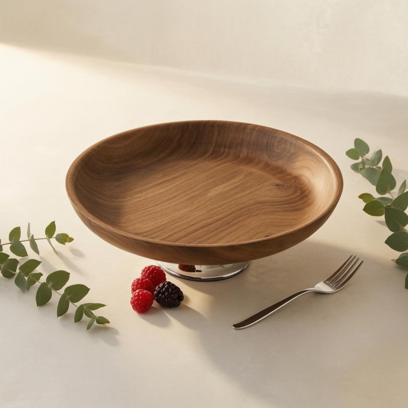 Plato Industrial Frutero con Pedestal Fuente Centro de Mesa Bandeja Madera Amplia y Base Elevada de Acero Presentación Elegante Adecuado para Dulces Snacks Hogar Recepción 31x31x10cm