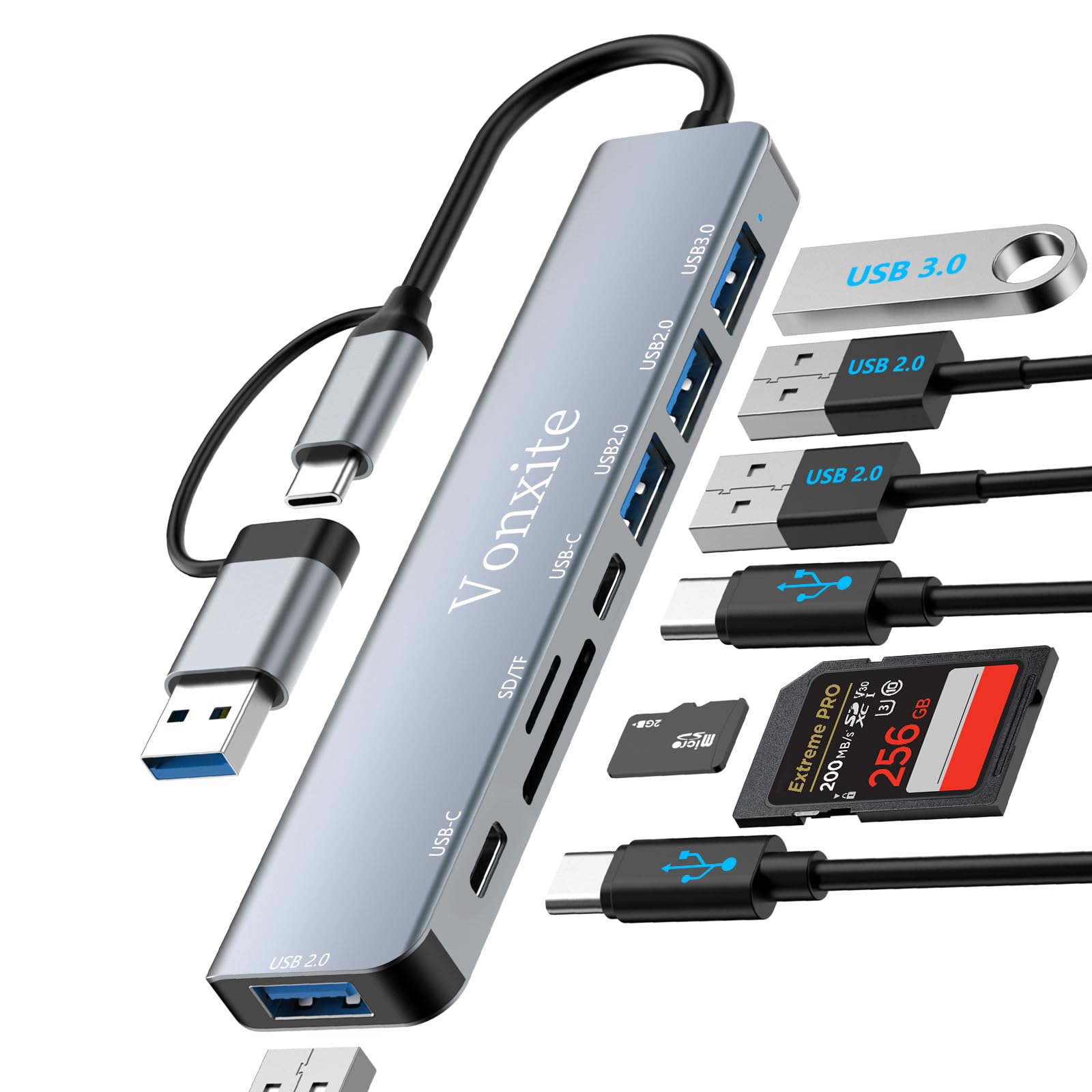 USB Hub 3.0, 8 in 1 USB C Hub Multiport Adapter mit 1*USB 3.0 mit 5 Gbit/s, 3*USB 2.0, 2*USB-C, SD/TF Kartenleser, USB C Splitter aus Aluminium für MacBook/Surface/XPS/PC/PS5/PS4/Laptops/Tablet etc.