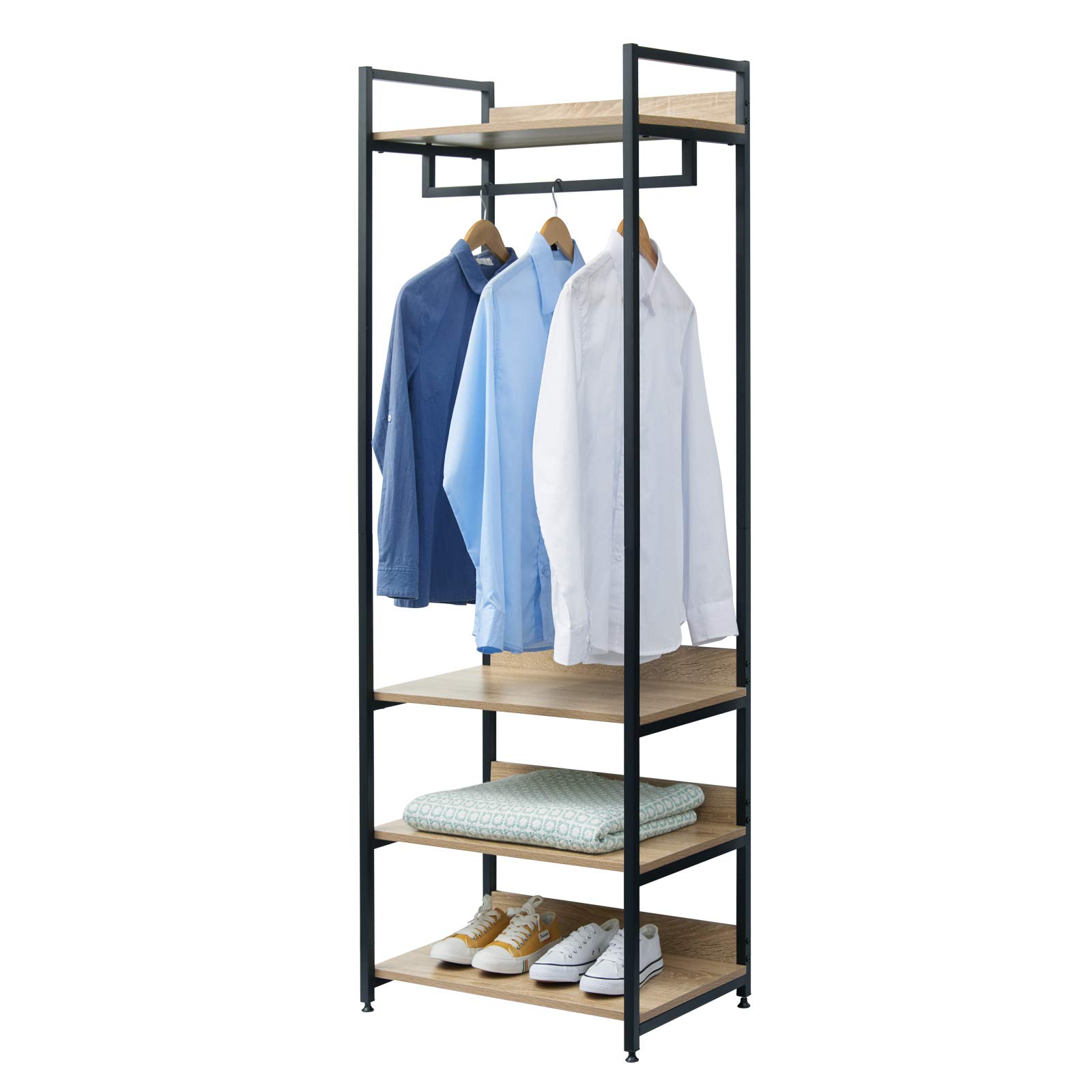 WOLTU Porte-Manteau Meuble pour Vêtements avec un Tringle et 4 Étagères de Rangement en Bois et Acier, Penderie Ouverte pour Salon, Chambre Chêne clair + Noir