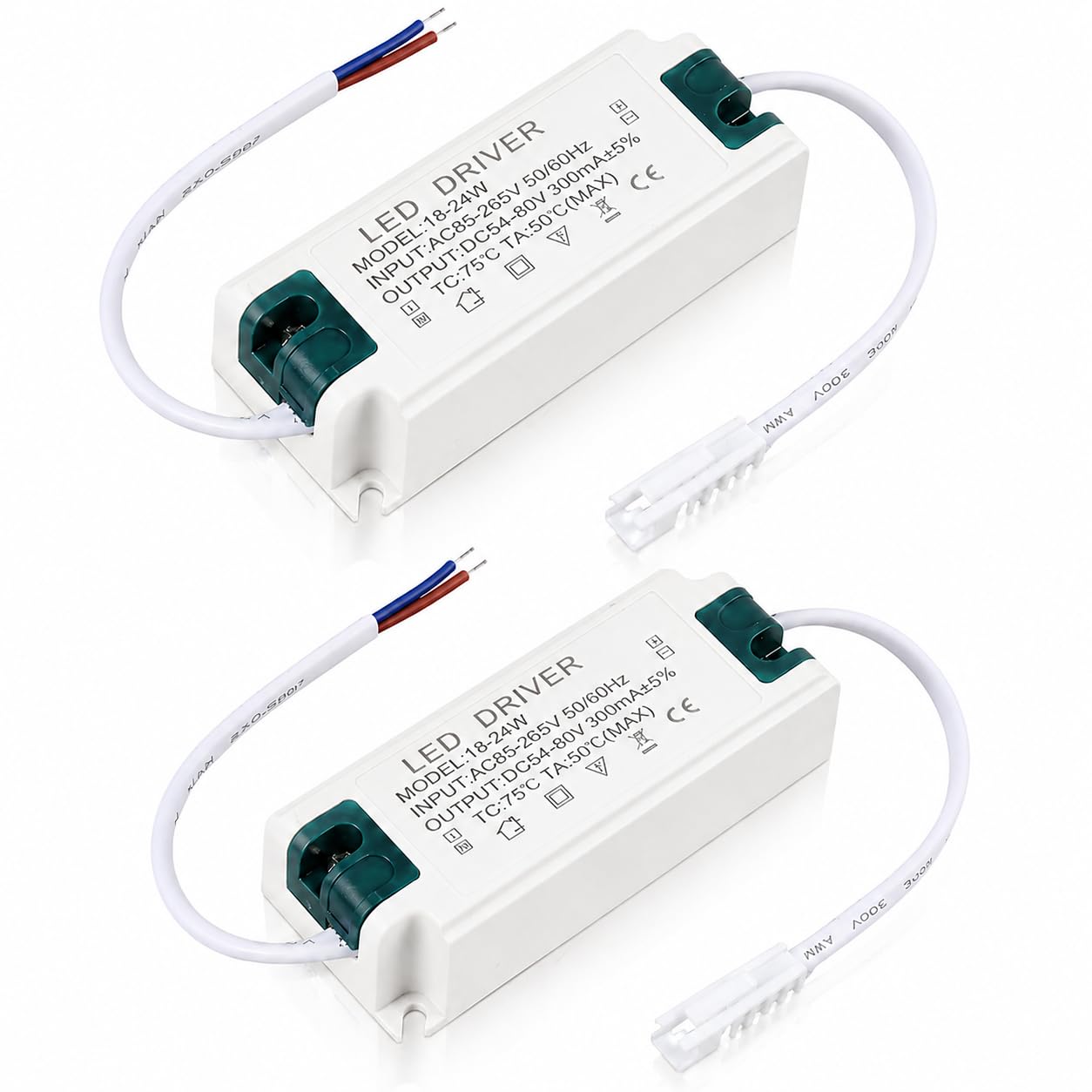 LED Driver Power Supply 18-24W 300mA Set of 2, Constant Voltage LED Driver Power Supply with Green White Housing, 12V Transformer for LED light Strips Panels Cabinets and Indoor Fixtures