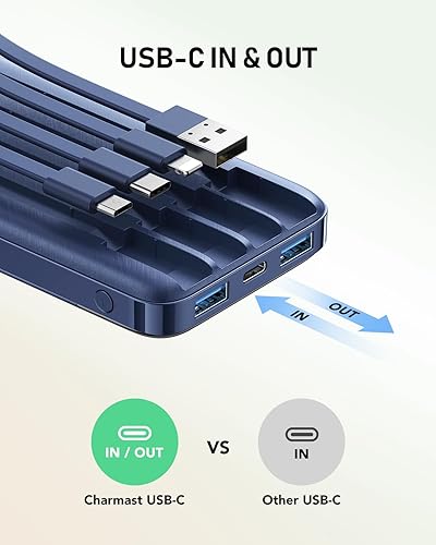 Miniatura 6 de charmast Cargador portátil con cables integrados, banco de energía delgado de 10000 mAh, puerto de entrada y salida USB C de 15 W, cargador externo