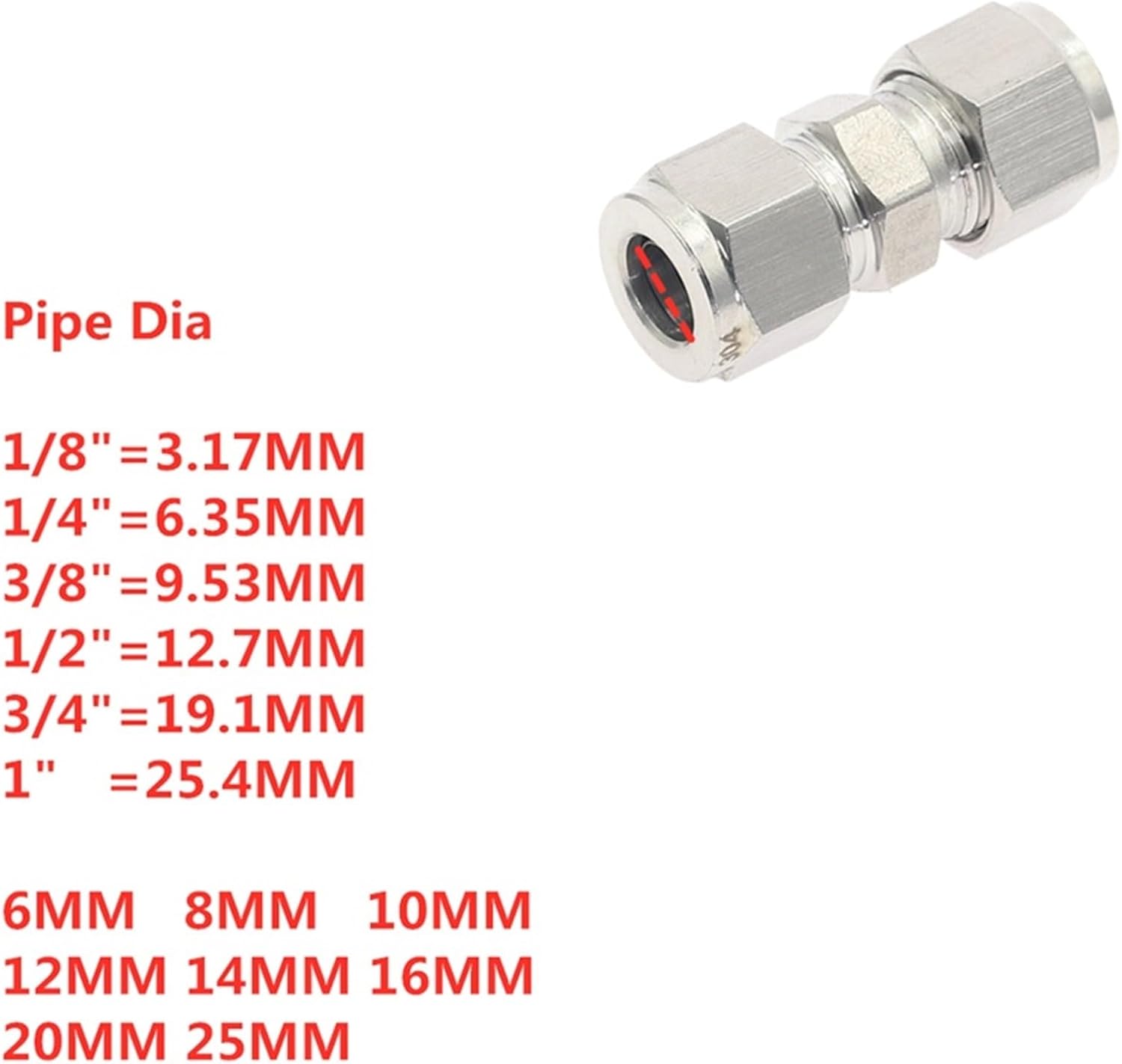 1pcs Variable dia 3~12mm Pipe OD Double Ferrule Tube Straight Compression Fitting Coupler SS 304 Stainless Steel Pipe Connector(3.17mm-6.35mm)